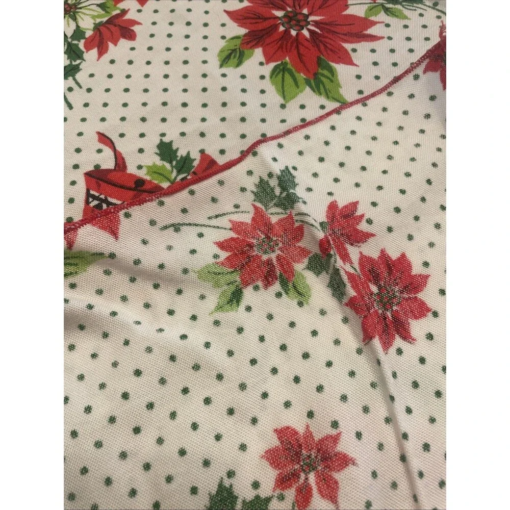 Vtg Christmas Tablecloth White w/ Red Poinsettia & Bells Green Polka Dots 58x81”